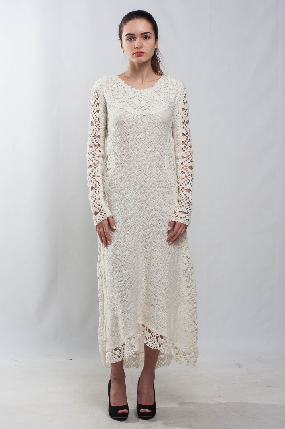 White Asymmetric Maxi Dress KNIT Long Sleeves Wedding Dress Crochet ...