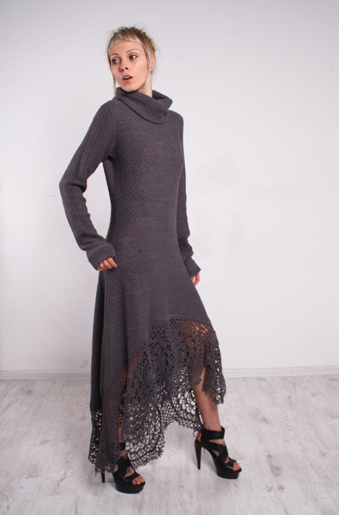 CROCHET Greydress Asymmetric Grey Dress Maxi Lace Dress - Etsy