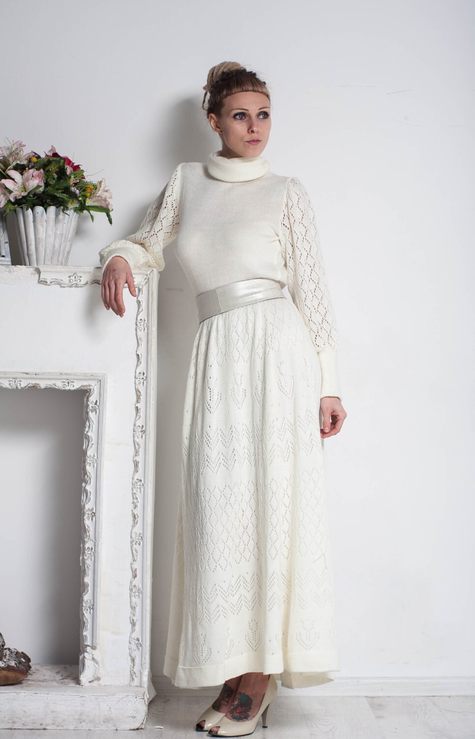 White Crochet Maxi Dress Mohair Turtleneck Dress Long Sleeve Lace Dress Bridesmaid Winter Dress Handmade Evening Dress