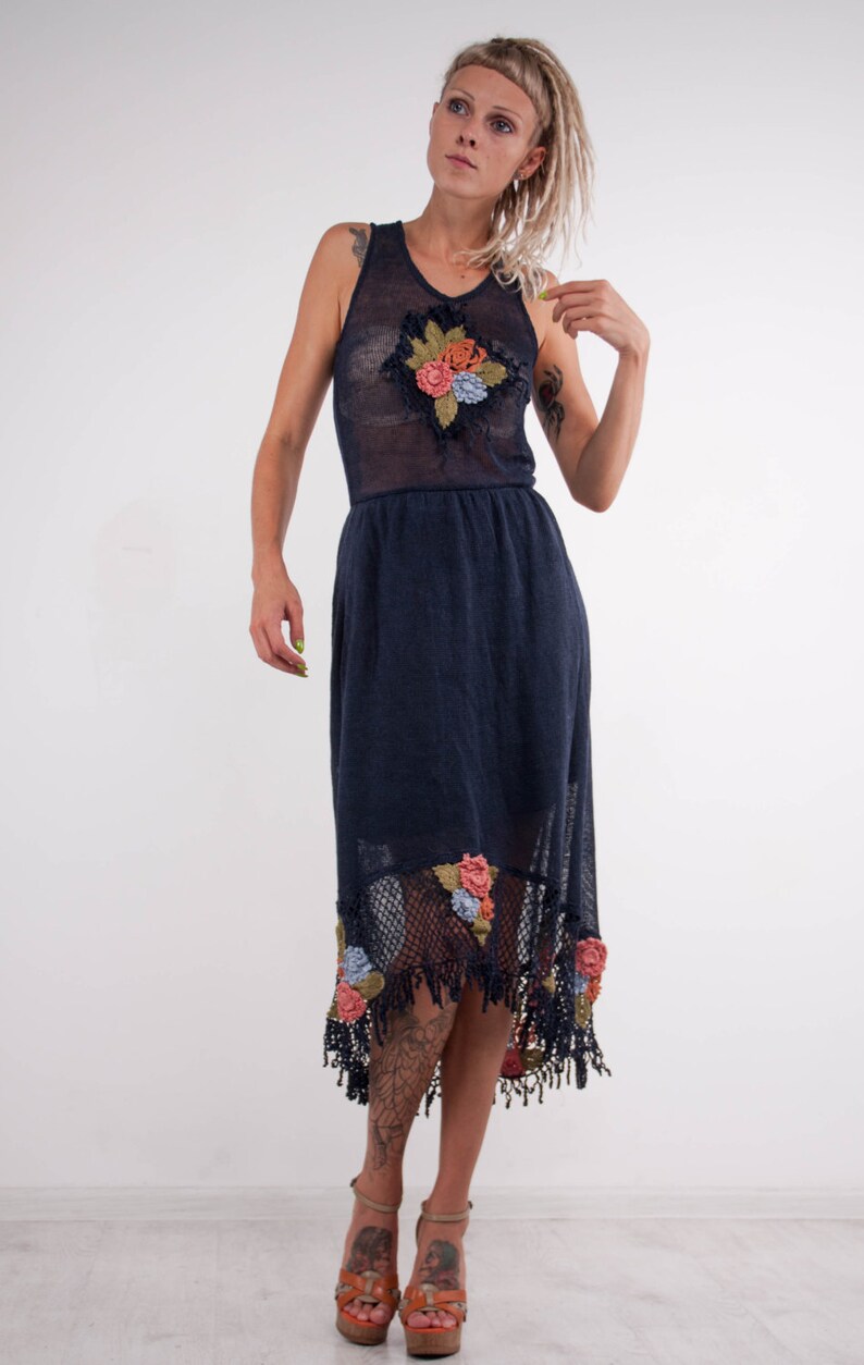 Trisha Cheesecloth Sundress with Crochet Bodice - Navy Blue, Off White - PETITE