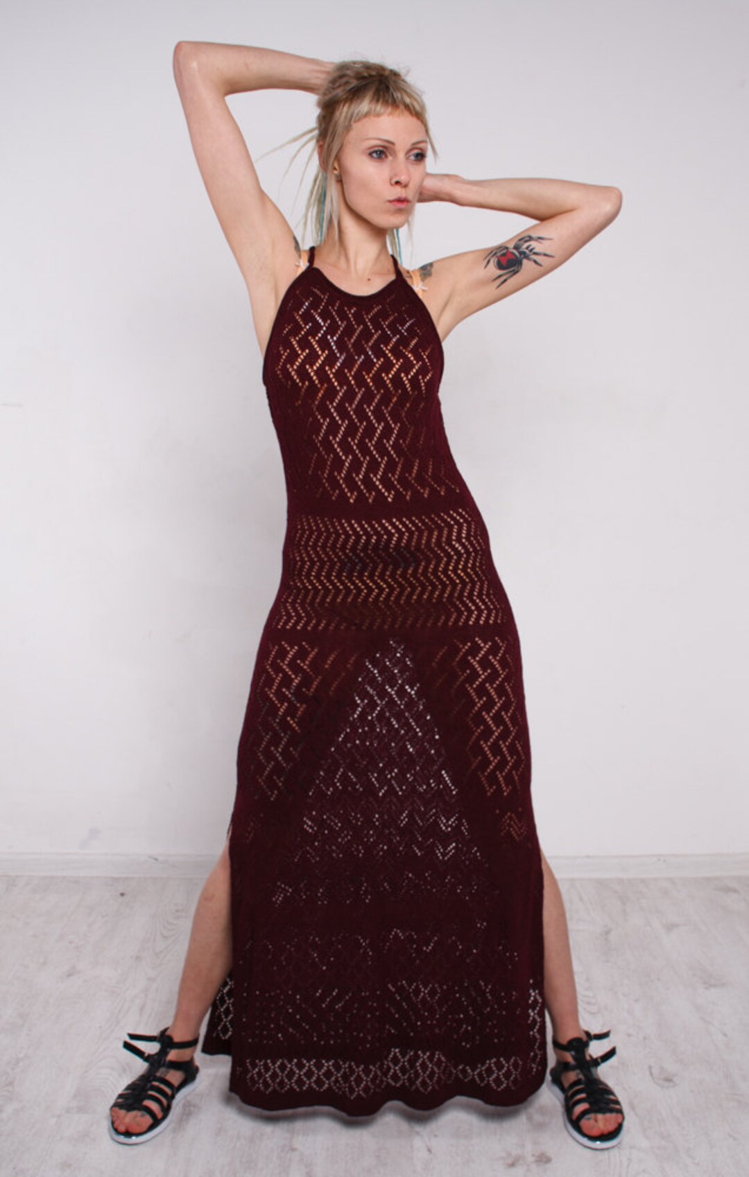 chinese dress ladies Brown crochet maxi dress - Harmony Moka main image 0