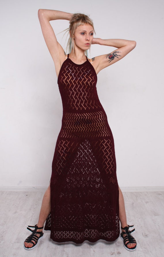 Crochet bordeaux dress Crochet maxi dress Crochet marsala lacy sundress Handmade viscose dress Crochet Beachwear dress evening floor gown