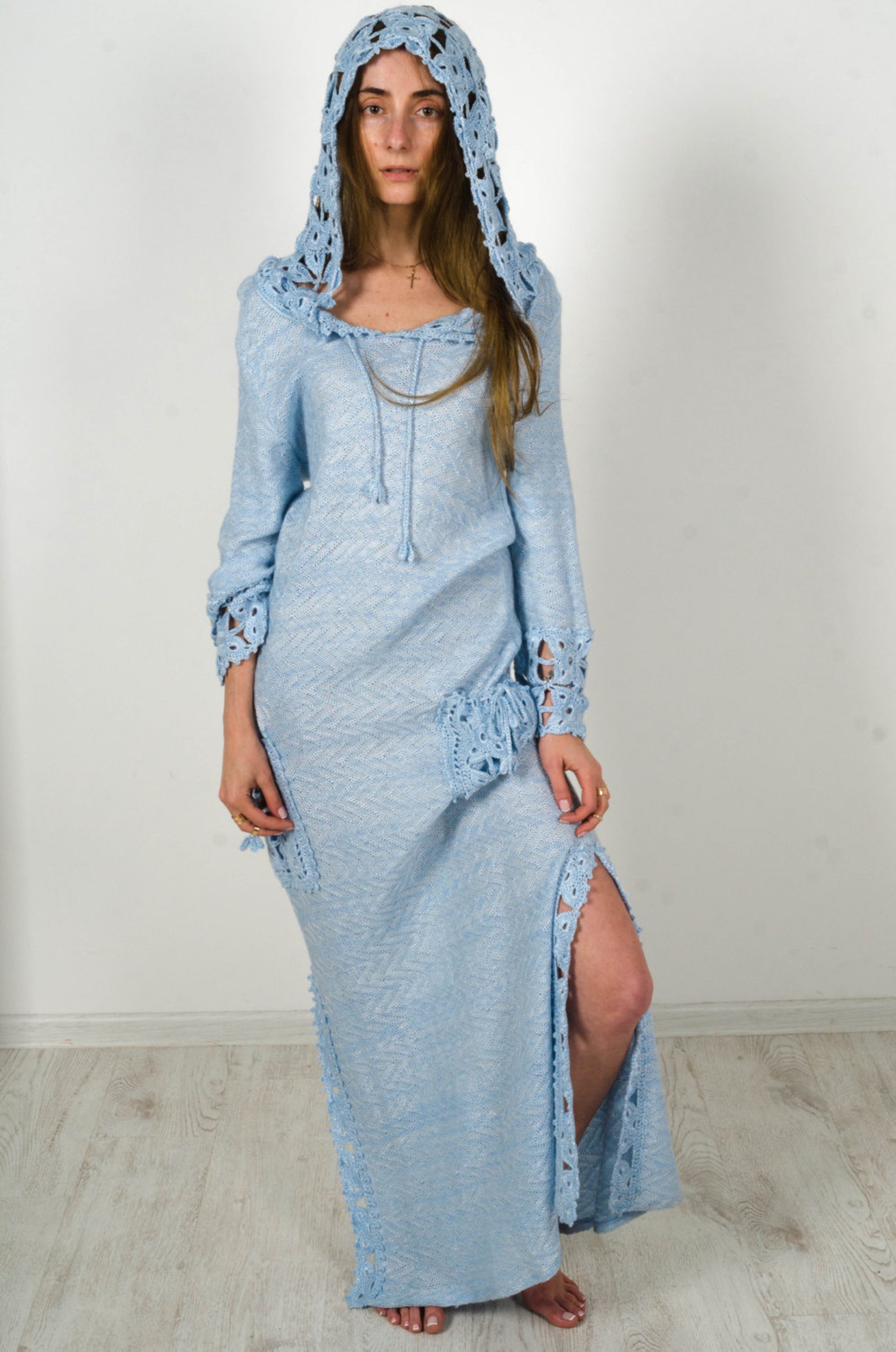 Light Blue Floral Smocked Crochet Accent Maxi Dress