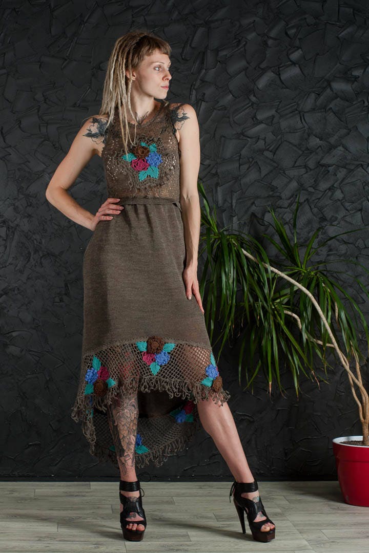 Crochet Dress Green Maxi Sundress Khaki Lacy Ethnic Linen Beachwear Evening Floor Gown