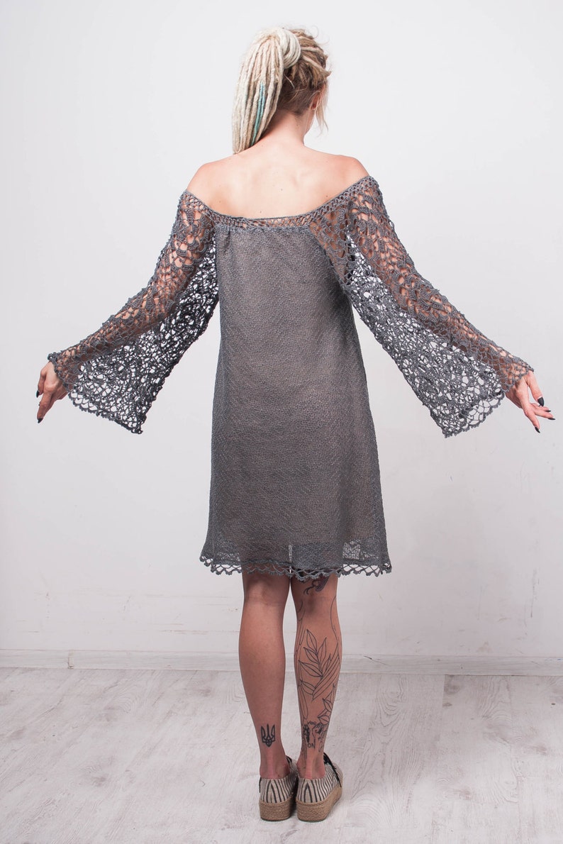Crochet Ethnic Dress KNIT Grey Linen Tunic CROCHET Lace Women Dress ...