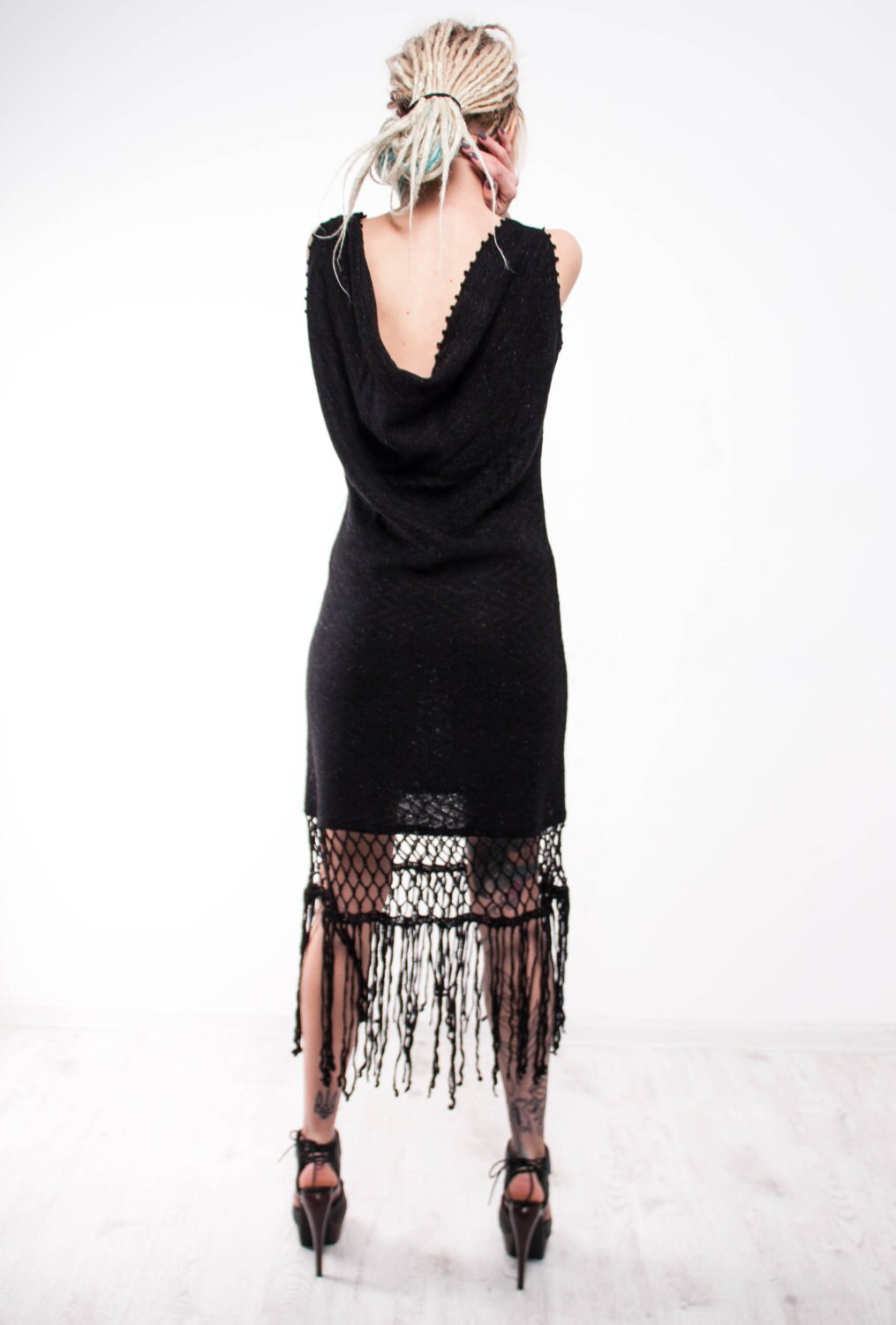 Crochet Dress Black Crochet Dress Small Black Dress Mini Lacy Fringe Dress Handmade Black Dress