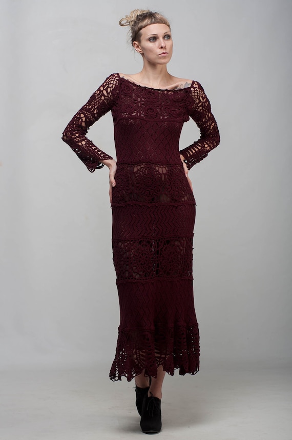 burgundy crochet dress Marsala Formal Lace Dress Maxi Long Sleeve Dress Lacy Dress Maroon off Shoulder Dress Crochet Evening Floor Gown Style:Style #72528 12.19.25 ensuring comfort throughout the Champagne Gold Beaded Gown: