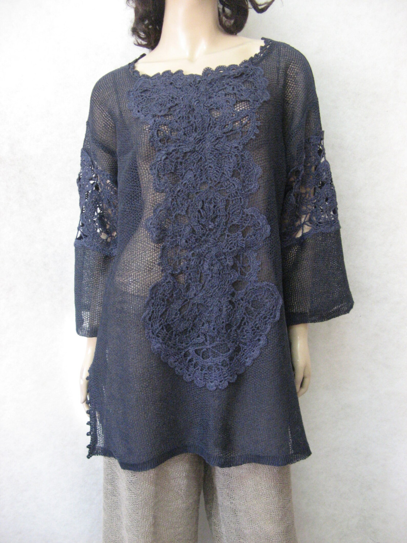 Crocheted Ethnic Tunic KNITTED Navy Tunic CROCHETED Women - Etsy