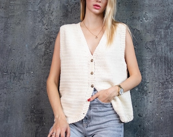 Ivory Crochet Summer Vest: White Knit Waistcoat Boho Cotton Crochet Top Loose Lightweight Bohemian Waistcoat