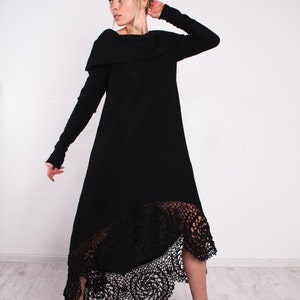 CROCHET black Dress asymmetric black Dress Maxi lace Dress Crochet black Dress KNIT black Dress off shoulder Dress Knit sleeves black Dress