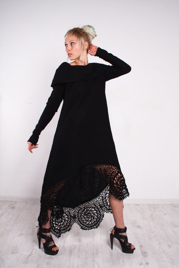 Crochet Black Dress asymmetric Black Dress Maxi lace Dress Crochet Black Dress KNIT Black Dress off shoulder Dress KNIT sleeves Black Dress