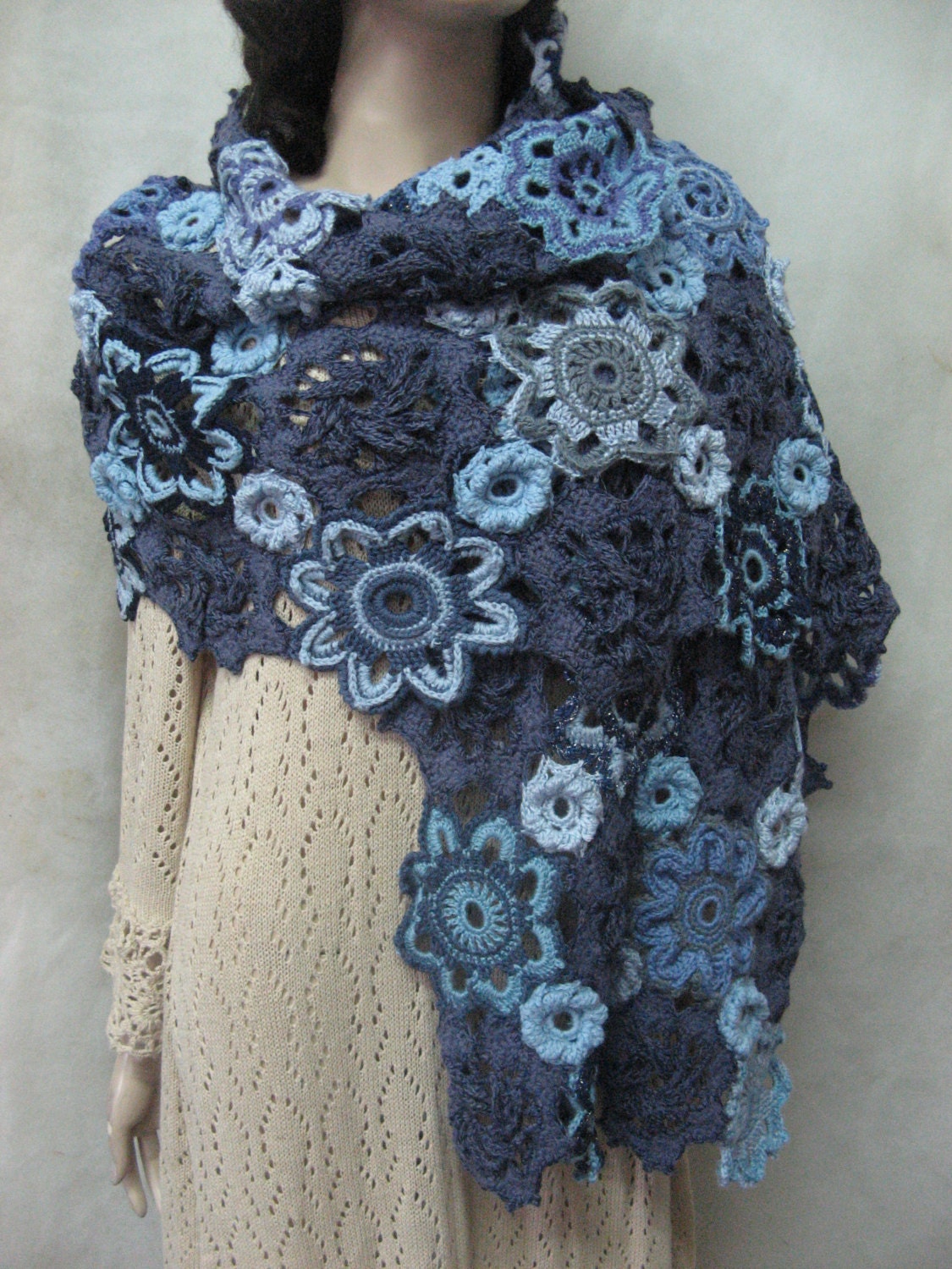 Crochet shawl irish lace Boho Crochet shawl Blue Lacy Scarf Etsy