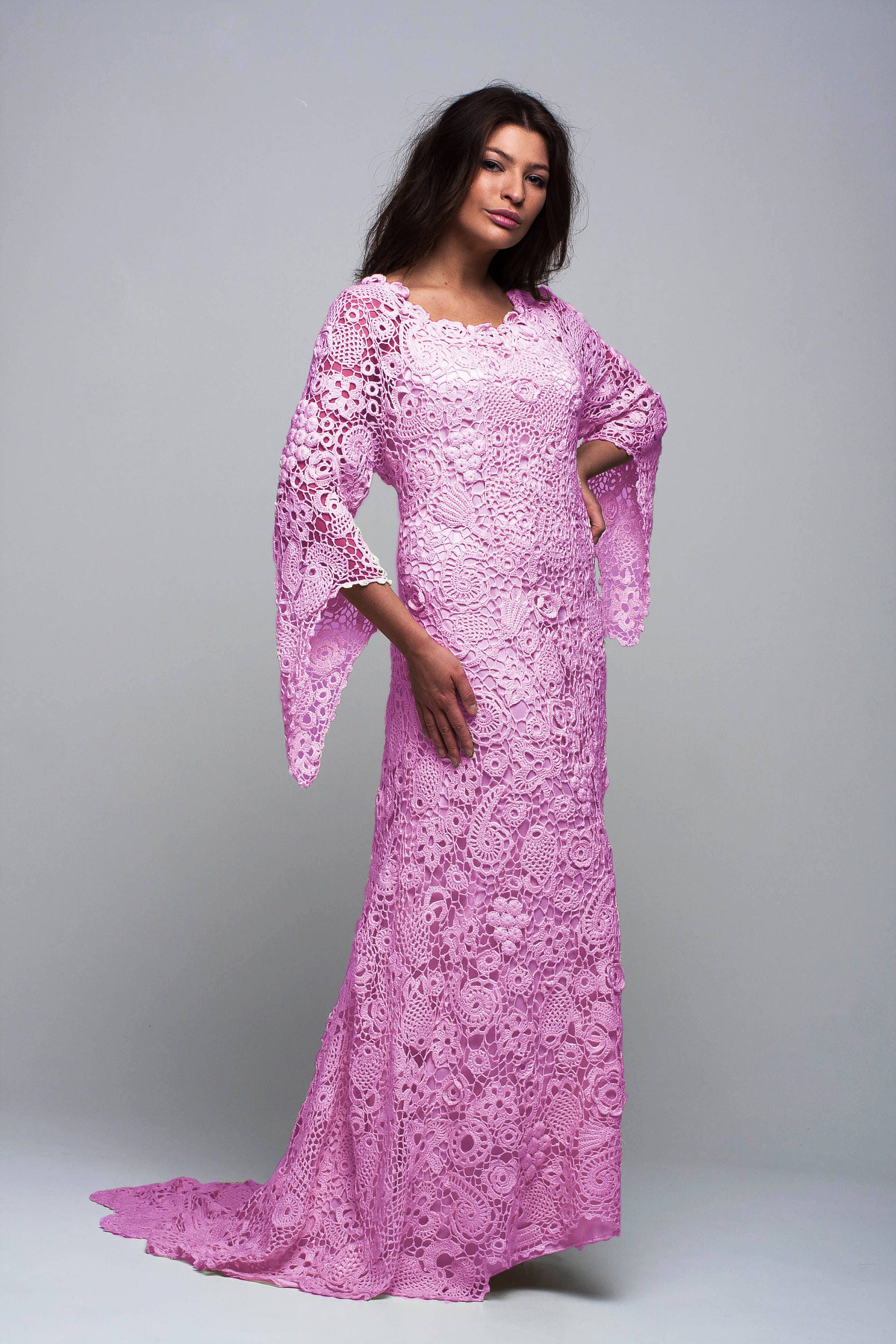 Wedding Crochet Dress Handmade Pink Dress Wedding Irish Lace - Etsy