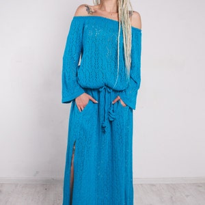 V-neck Off shoulder Maxi Dress with Pockets Turquoise