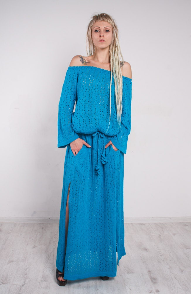 Turquoise Maxi Dress Knit Maxi Dress off Shoulder Crochet Dress Long ...