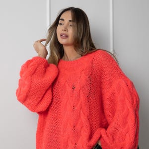Scarlet oversize knit sweater woolen cable pulover onesize red jumper mohair crew neck sweater winter hand knit pulover cable knit jumper