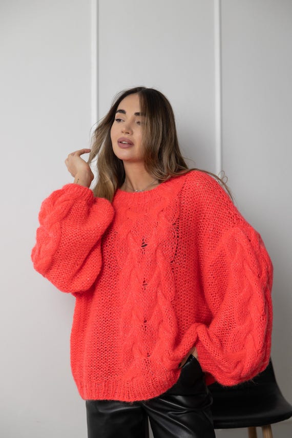 Scharlachroter Oversize-Strickpullover, Wollpullover mit