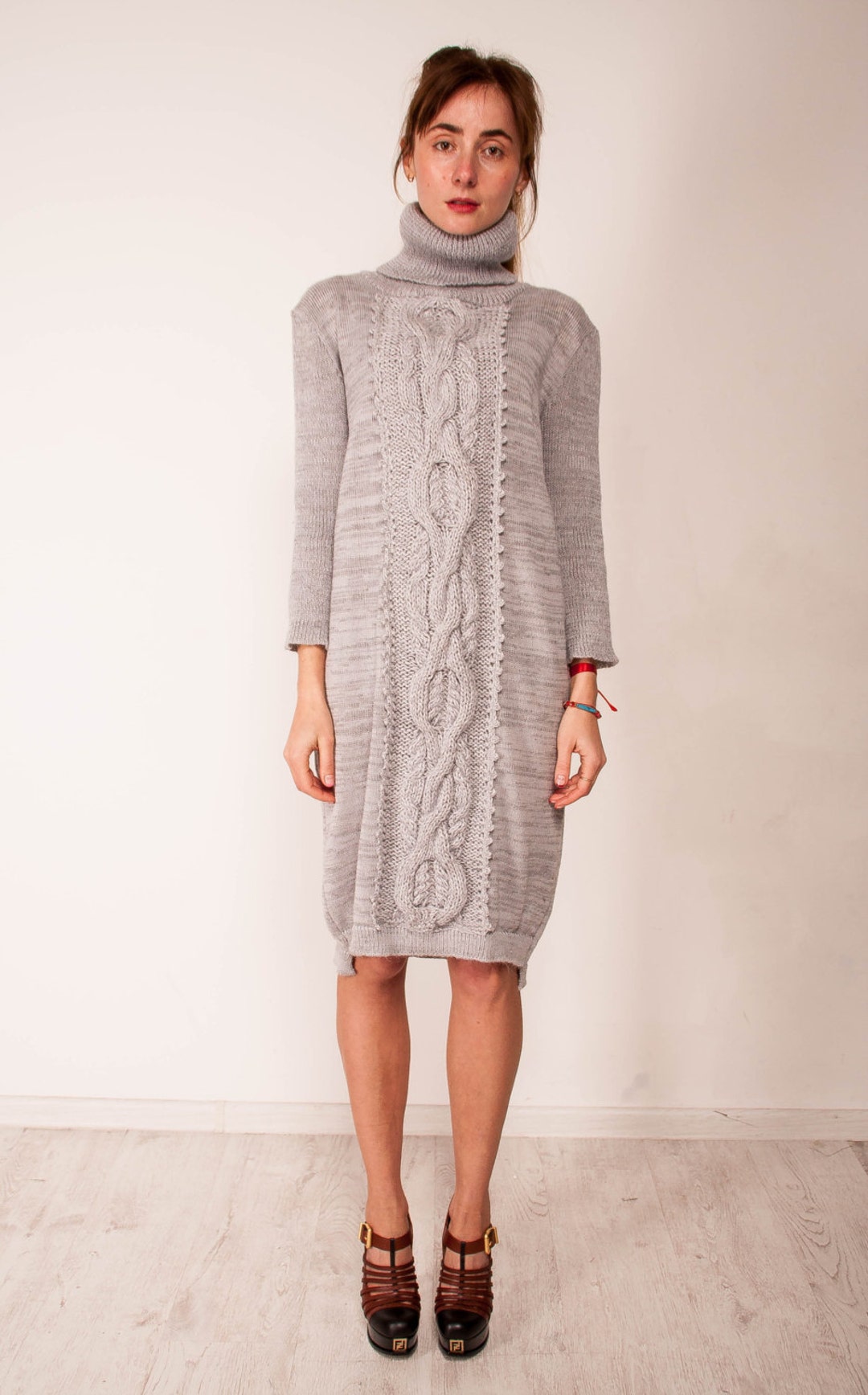 Cable Knit Grey Dress Alpaca Gray Mini Dress Winter Dress Oversize Long Sleeves Dress Crochet ...