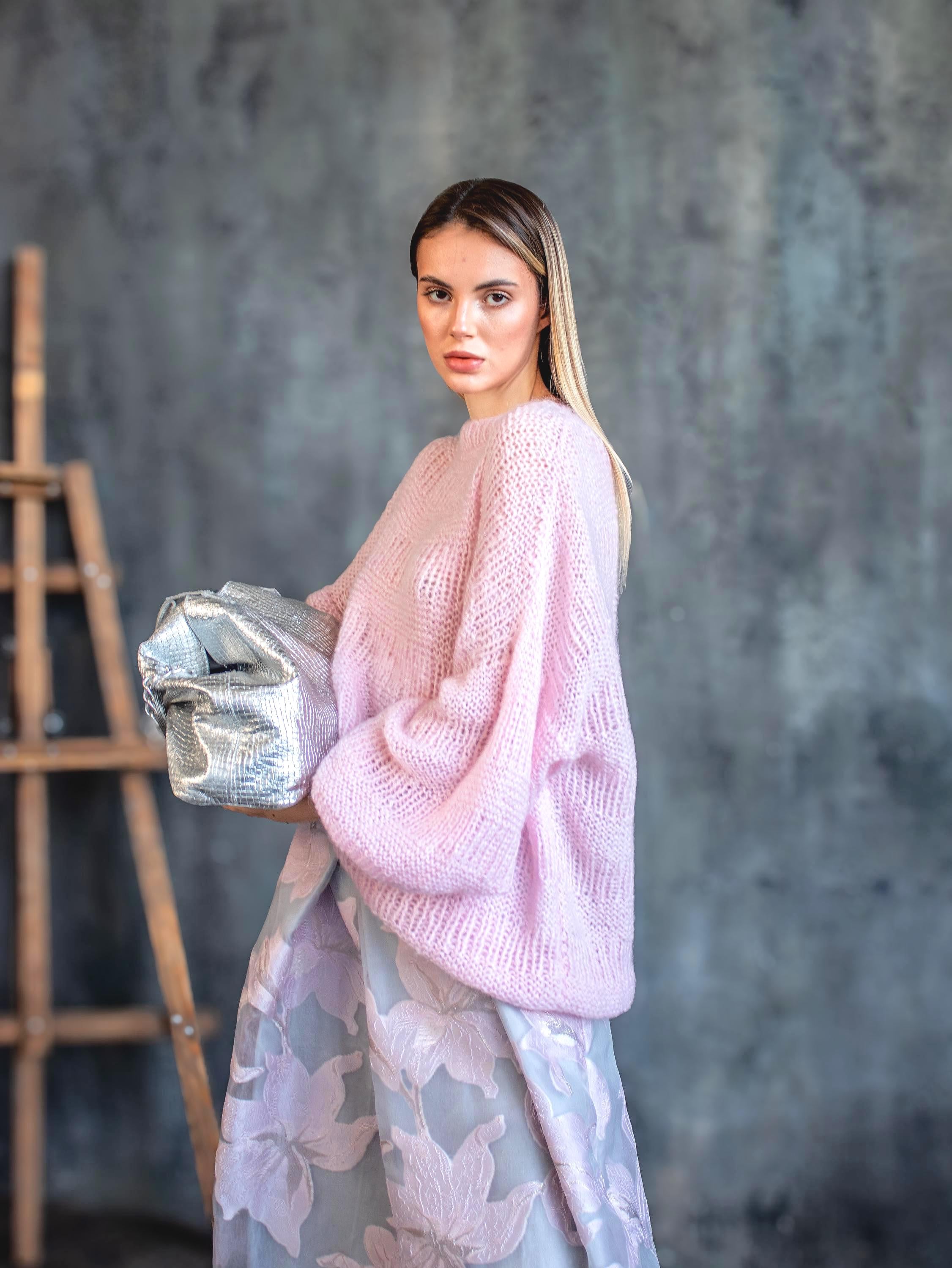 Pink Mohair Sweater Oversized Knit Jumper Handmade Chunky Sweater Cozy Soft Pullover Women Winter Sweater