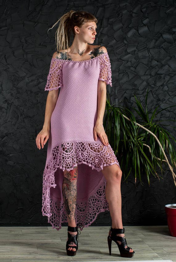 Dusty Pink CrocheT Dress asymmetric Dress Handmade Maxi Dress CrocheT Pink Dress KNIT lace Dress CrocheT EVENING Dress KNIT floor Dress