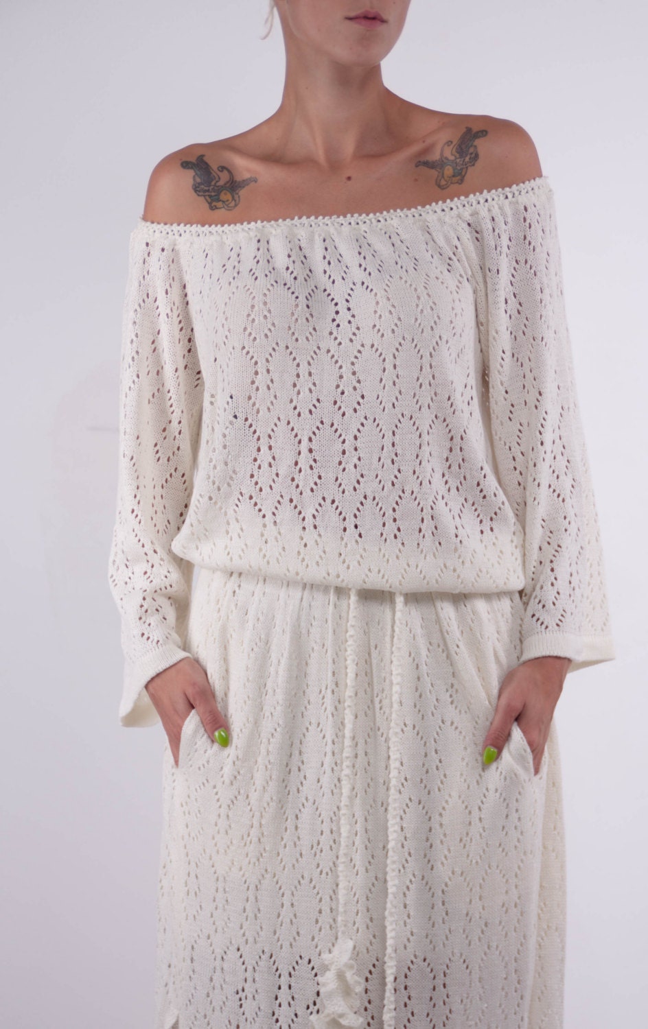 off the shoulder white crochet dress Farm Rio, One-shoulder floral crochet cotton midi dress, Women, White, M, Dresses