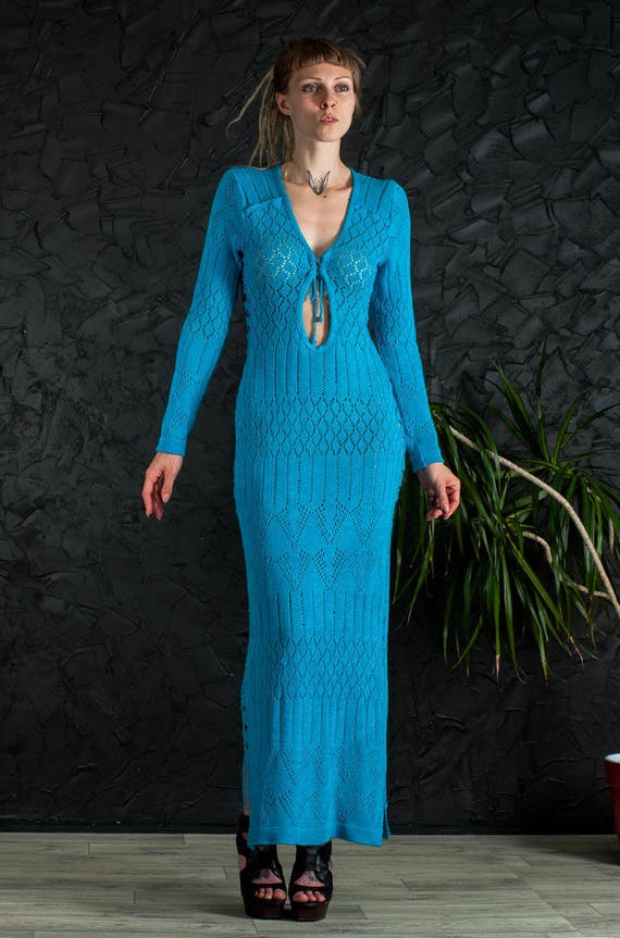 Crochet Turquoise Dress Sheath Dress Handmade Maxi Dress Crochet Dress Knit Lacy Dress Crochet Turquoise Dress Knit Long Sleeves Floor Dress