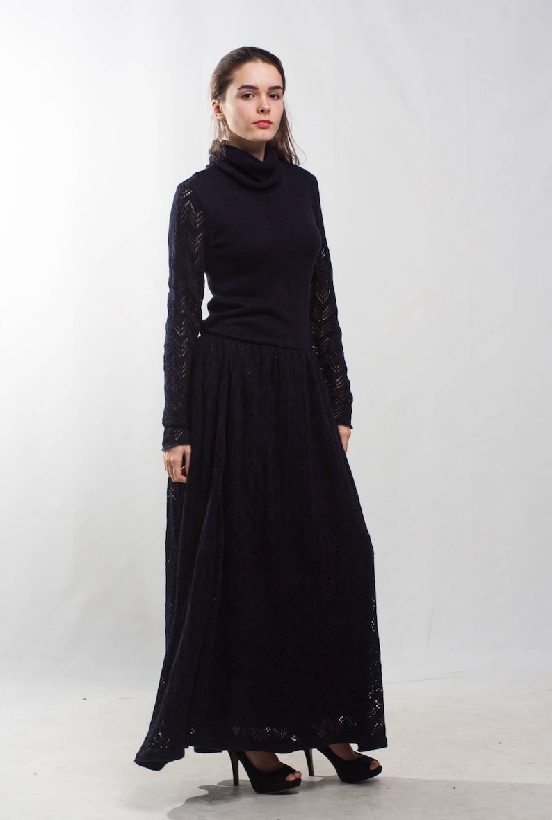 Navy Crochet Dress Turtleneck Office Dress Long Sleeve Crochet Navy