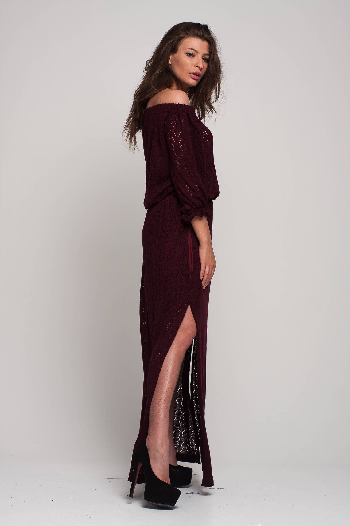 Maroon off Shoulder Prom Dress Marsala Knit Maxi Dress Crochet Etsy