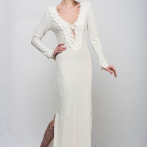 CROCHET white Dress prom white Dress formal ivory Dress floor white Dress KNIT V neck Dress lace sheath white Dress Knit sleeves ivory Dress