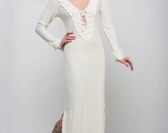 Blanco vestido fiesta blanco vestido formal marfil vestido piso blanco vestido de PUNTO V cuello vestido vestido blanco vestido punto mangas de encaje de GANCHILLO Vestido de Marfil