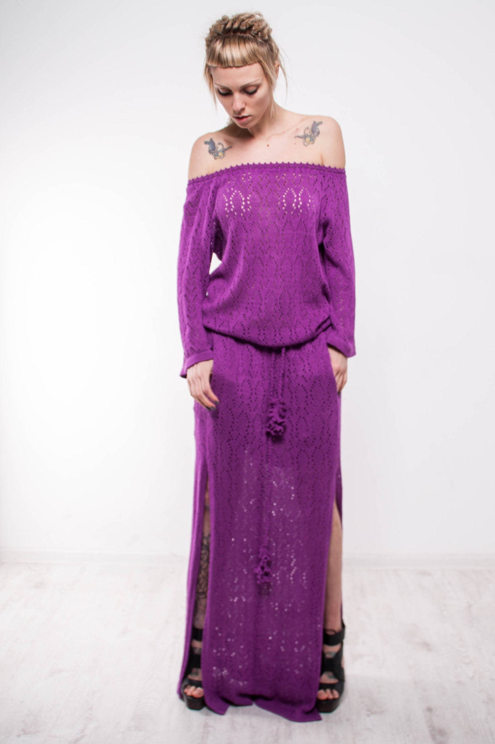 Crochet Maxi Dress Knit Maxi Lilac Dress off Shoulder Crochet Etsy