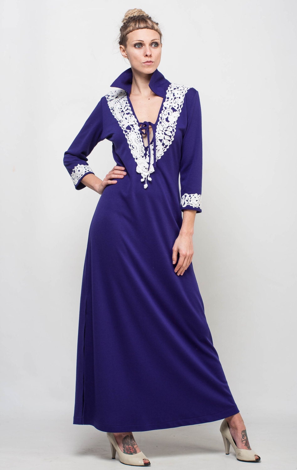 Formal Blue Dress Lace Crochet Dress Collar Prom Dress Long - Etsy