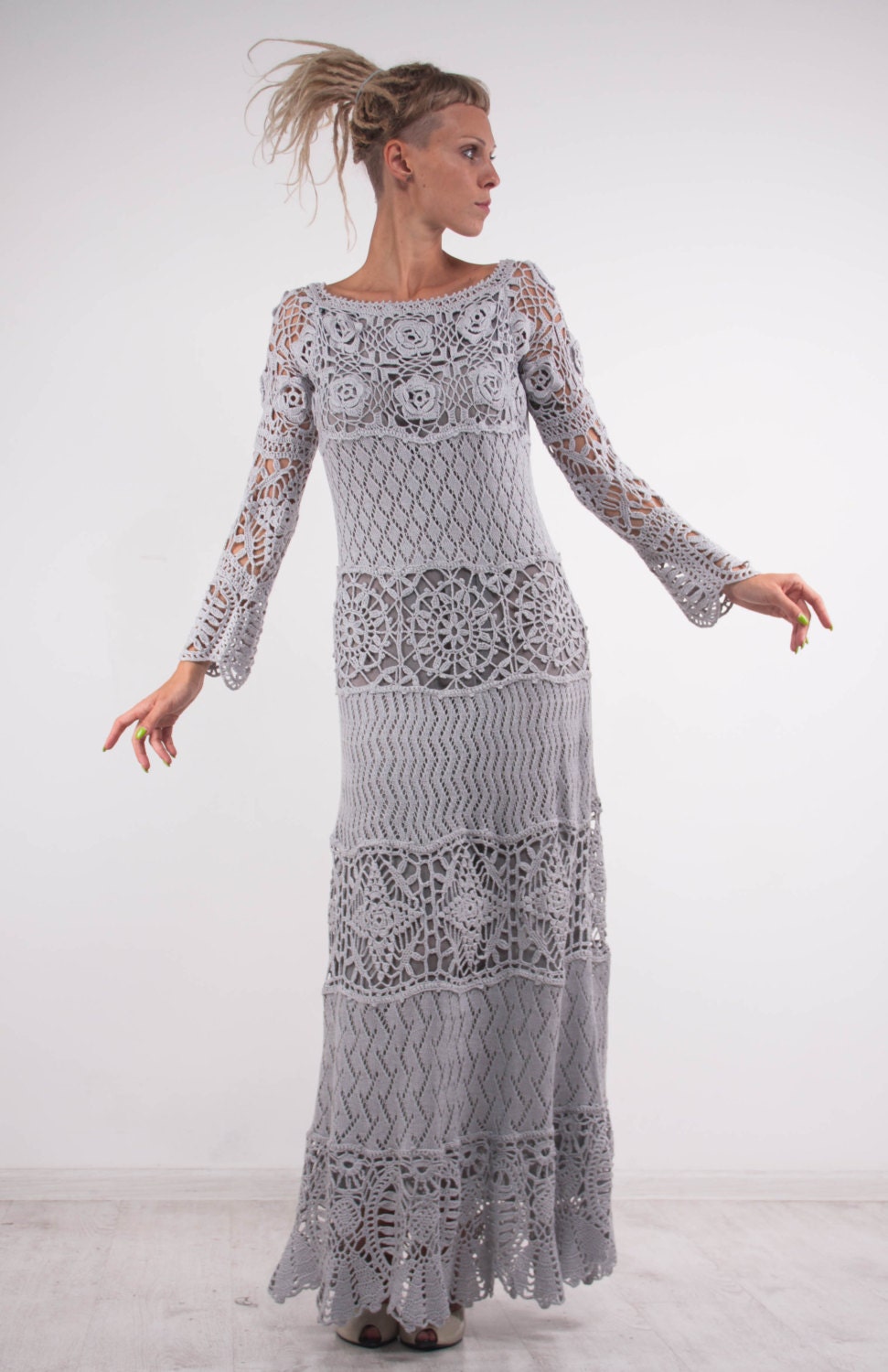 Crochet Lace off Shoulder Dress Grey Maxi Dress Long Sleeves Dress Grey Lacy Dress Gray on Lining Dress Crochet Dress Evening Floor Gown Etsy