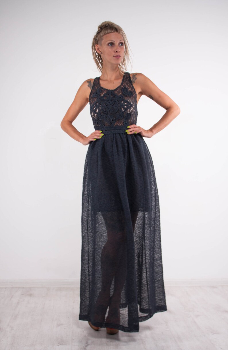 Crochet Navy Dress KNIT Maxi Dress Openback Linen Dress Maxi Etsy