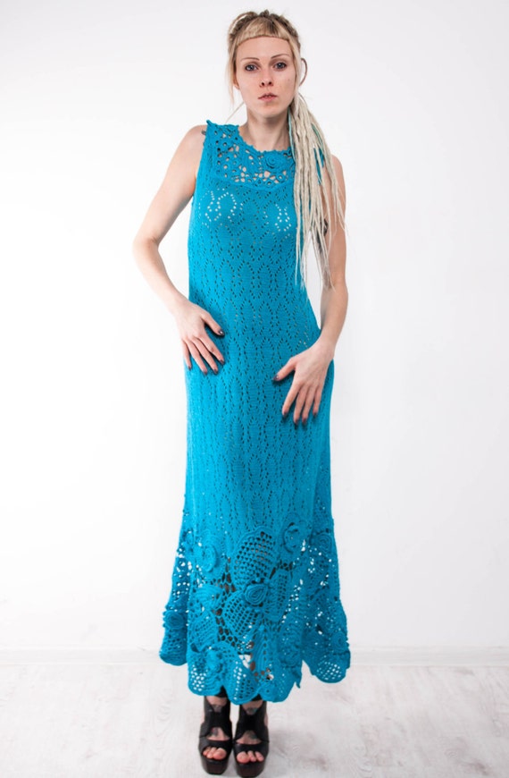 Maxi Blue Dress Crochet Turquoise Dress Maxi Sundress Blue Lacy Sundress Turquoise Viscose Dress Crochet Beach Dress Evening Sleeveless Gown