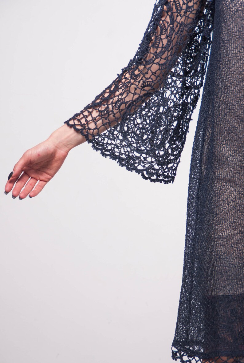 Crochet Ethnic Dress KNIT Navy Linen Tunic CROCHET Lace Women Etsy