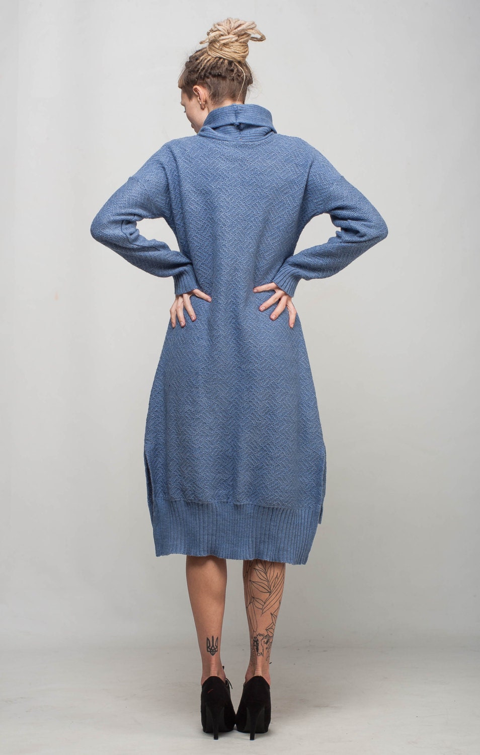 Turtleneck Crochet Dress Midi Oversize Dress Blue Dress Knit Etsy