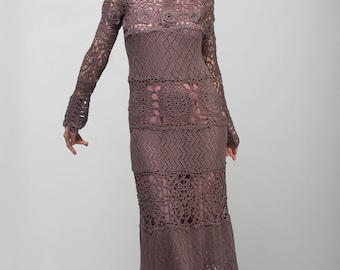 Formal Crochet dress mocha lace dress maxi long sleeve dress Crochet lacy dress taupe off shoulder dress Crochet dress evening floor gown