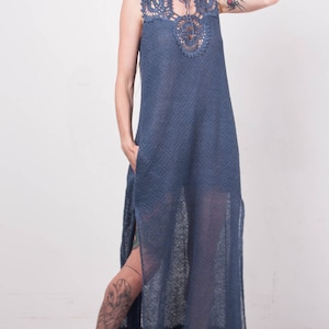 Crochet dress Crochet navy dress maxi sundress Crochet blue lacy sundress blue linen sundress Crochet Beachwear dress evening floor gown
