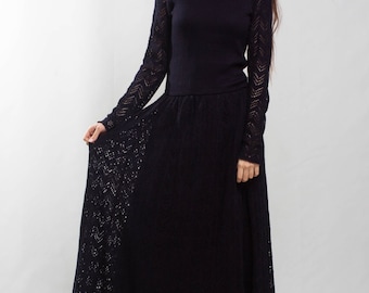 Navy crochet dress turtleneck office dress Long sleeve crochet navy dress formal lacy dress wool lace dress roll-neck evening knitted dress