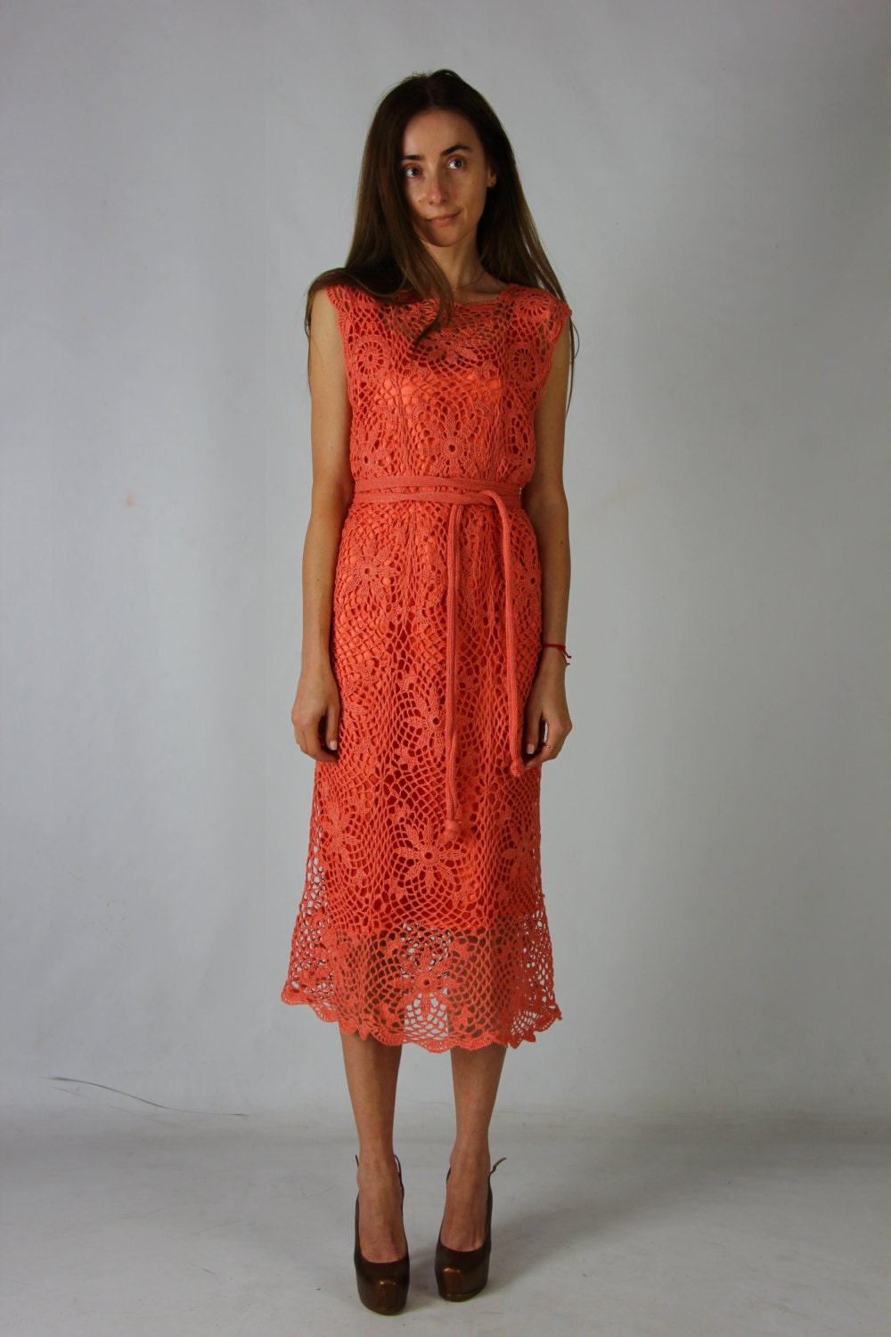 Crochet Dress Crochet Lacy Dress Small Coral Dress Mini Crochet Dress Handmade Irish Lace Dress