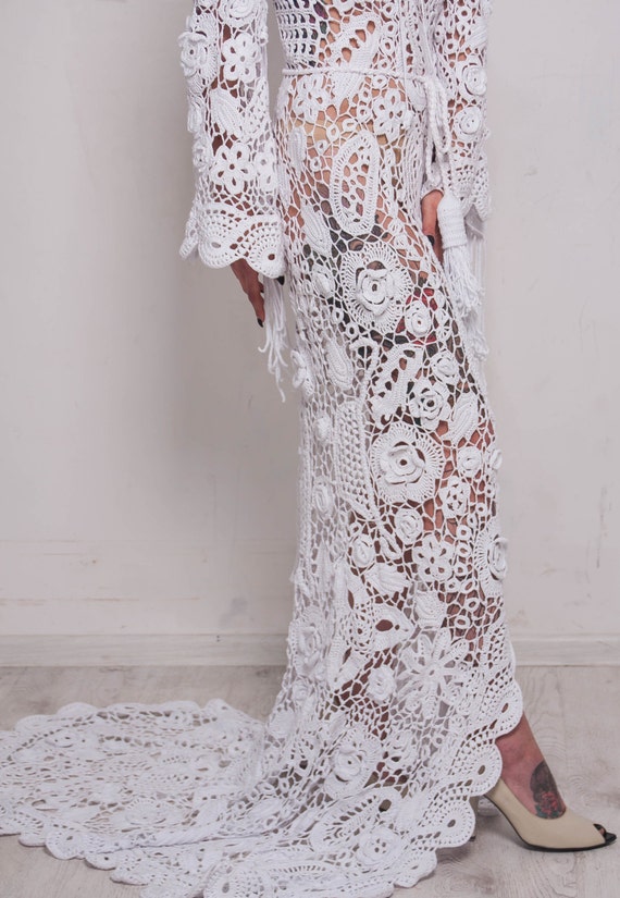 etsy crochet wedding dress Crochet wedding maxi dress Handmade White dress wedding dress fringe White dress irish lace dress plume cotton dress Crochet wedding gown
