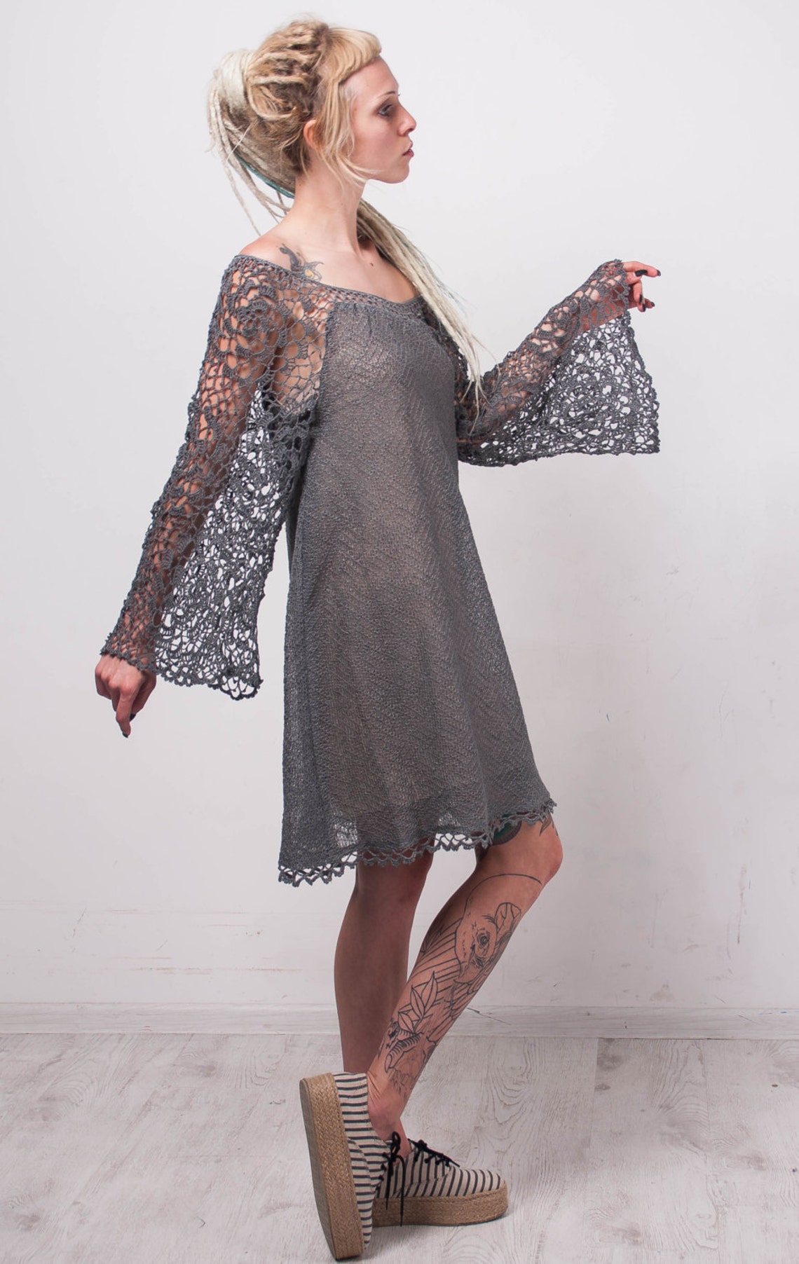 Crochet Ethnic Dress KNIT Grey Linen Tunic CROCHET Lace Women Dress ...
