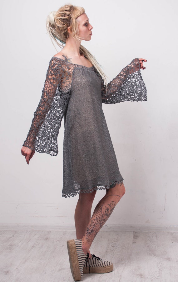 Crochet Ethnic dress KNIT grey linen Tunic CROCHET lace Women | Etsy