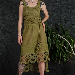 Crochet green dress prom linen midi sundress handmade lacy dress cocktail summer sundress party lace dress evening dress boho chic dress