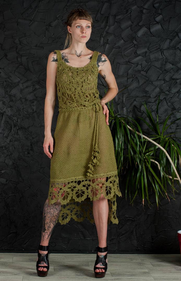 Crochet green dress prom linen midi sundress handmade lacy | Etsy