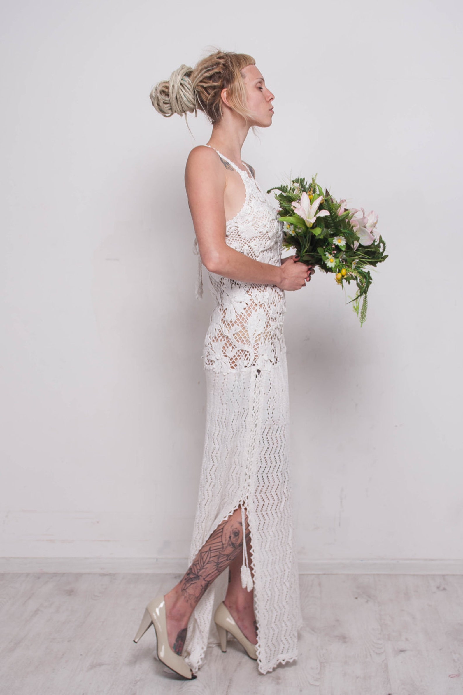 Crochet White Dress KNIT Wedding Dress White Viscose Dress Maxi Dress