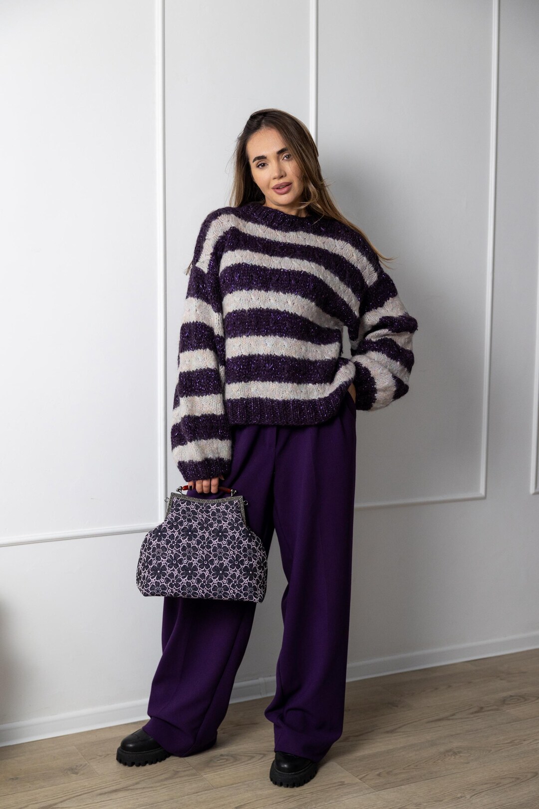 Oversize violett grau Pullover gestreift Damen Pullover Mohair