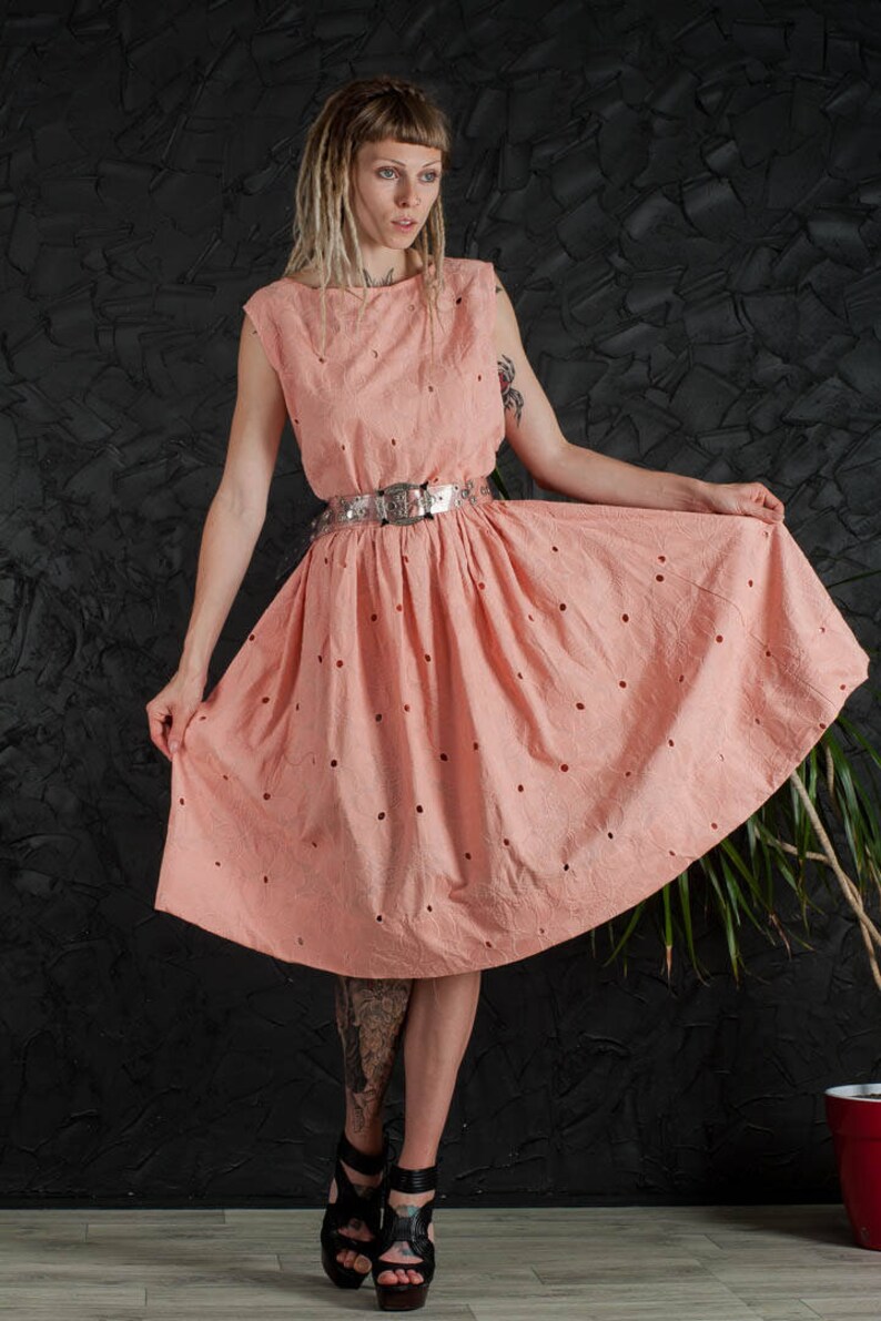 Peach Cotton Dress Flared Mini Dress Embroidery Cotton Etsy