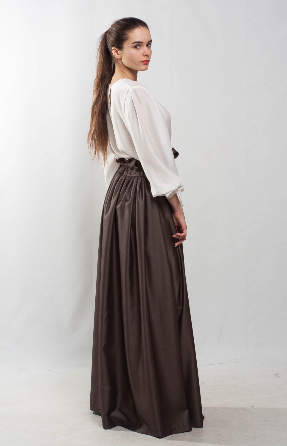 Taupe Maxi Skirt Flared Skirt Pleated Skirt Formal Floor Skirt Special Day Skirt Brown Pockets ...